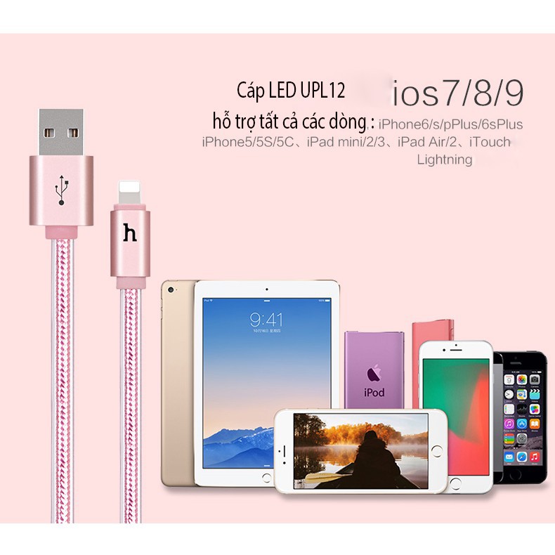 Cáp Sạc Nhanh Hoco UPL 12 Lightning dài 2m Dùng Cho Iphone Dây Dù Chống Đứt Có Đèn Led Báo Đầy Pin Bảo Hành Toàn Quốc