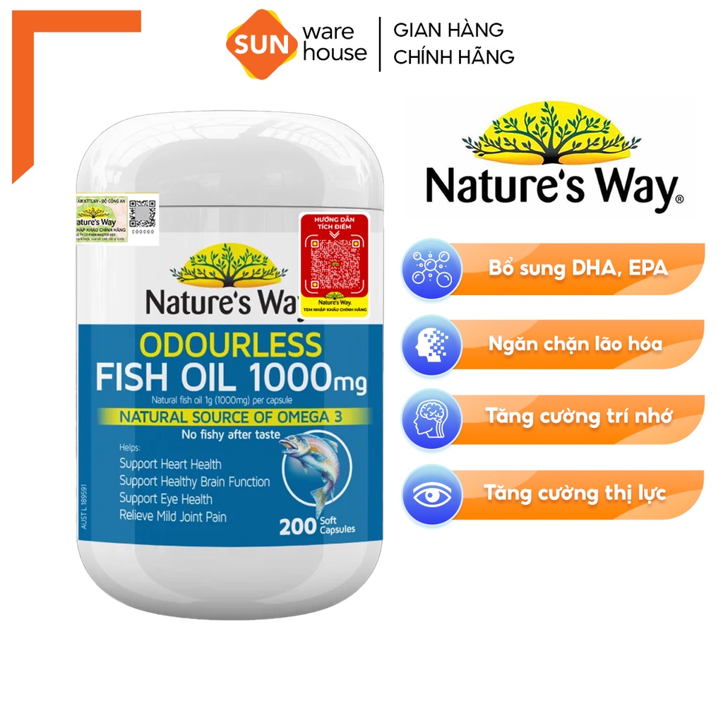 Viên Uống Dầu Cá Nature’s Way Odourless Fish Oil Tăng Cường Sức Khoẻ Tự Nhiên Không Mùi 1000mg