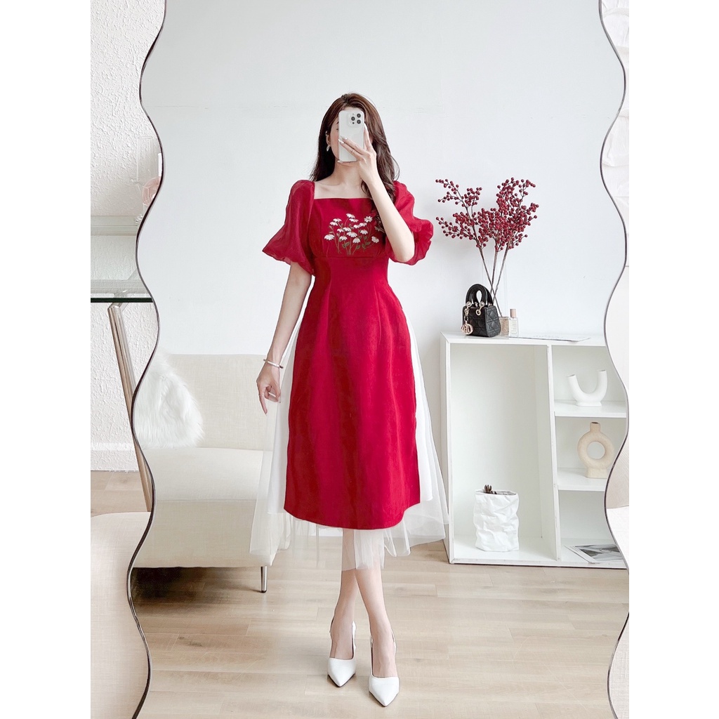 Áo dài cách tân nguyên set kèm chân váy thêu hoa phong cách tiểu thư 1582 IMES SHOP