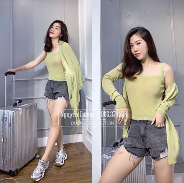 Áo khoác len caligan kèm áo hai dây len Quảng Châu