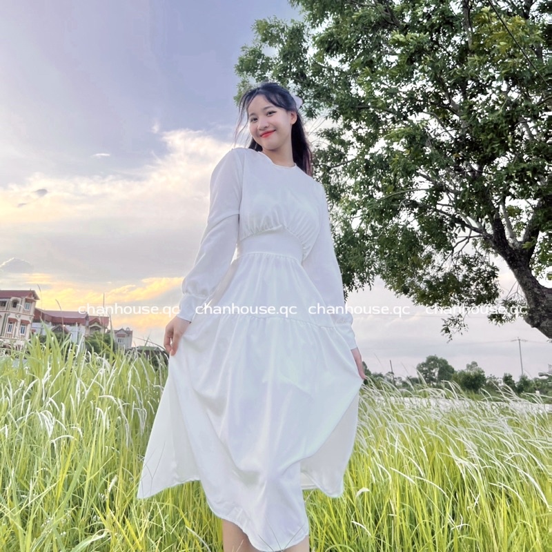 Váy Trắng Dài Tay Cổ Tròn Buộc Eo Dáng Dài, Đầm Tiểu Thư Màu Trắng Sống Ảo