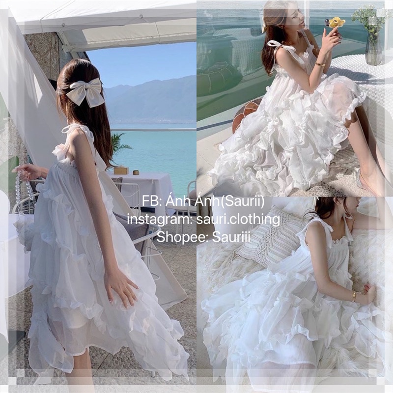 SẴN🖤Váy trắng 3lớp bèo nhún váy tiểu thư vintage 2 dây/đầm công chúa siêu xinh babydoll/Váy bánh bèo ulzzang retro