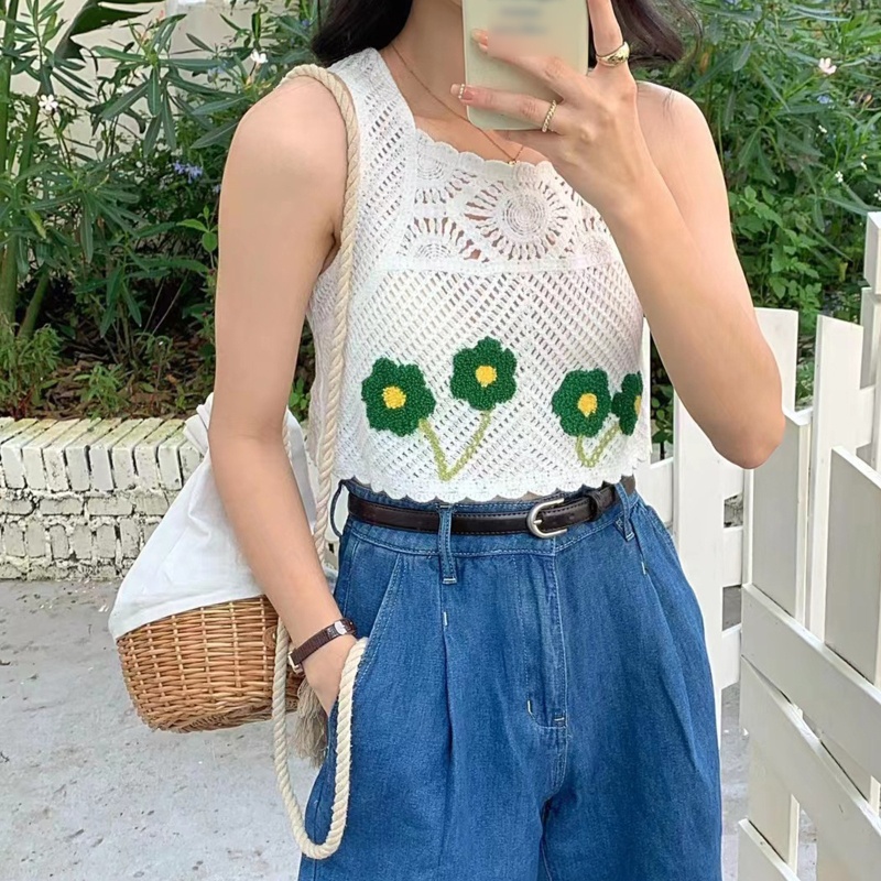 Áo Dệt Kim Không Tay Dáng Ôm Thêu Hoa Phong Cách Boho Thời Trang Cho Nữ