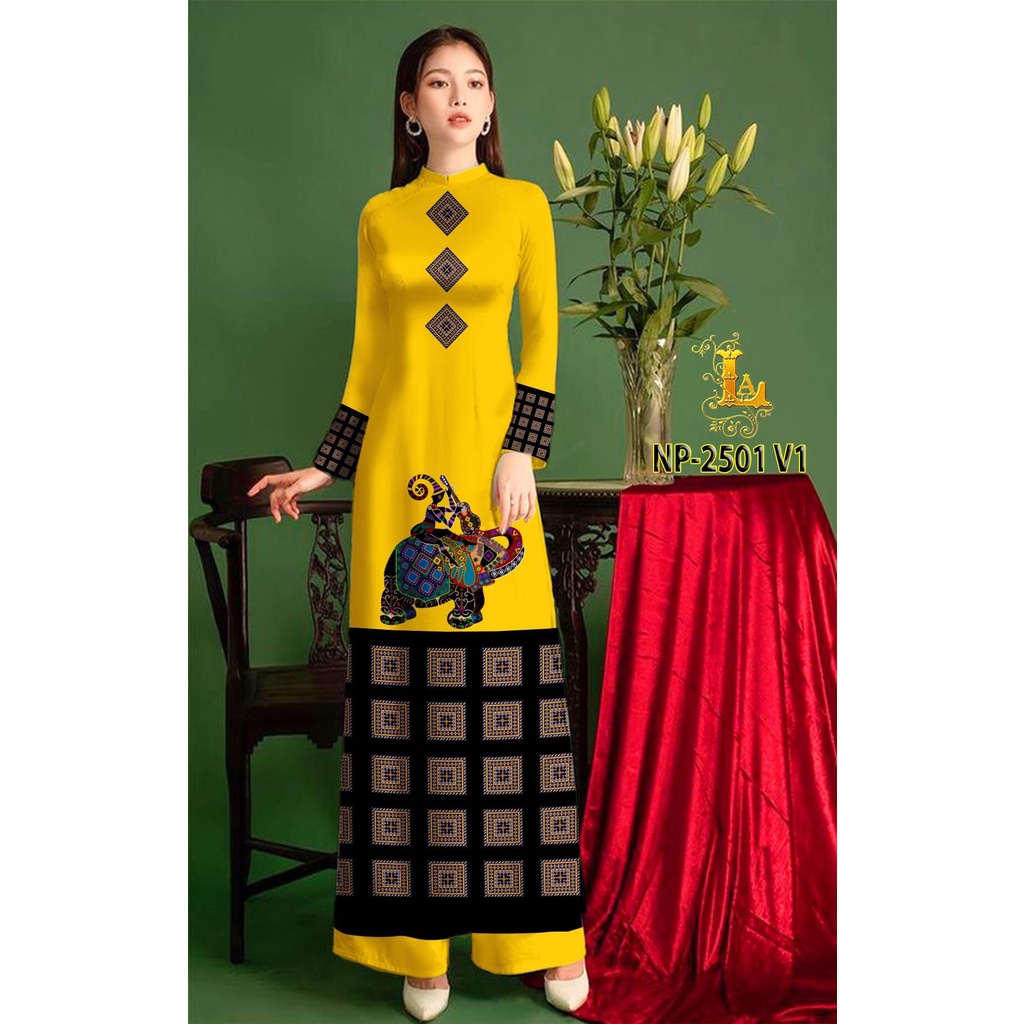 Vải áo dài họa tiết thổ cẩm (NP 2501), chất lụa ruby bóng nhẹ, sang trọng, mềm, mượt, mịn, mát, co giãn nhẹ bề ngang.