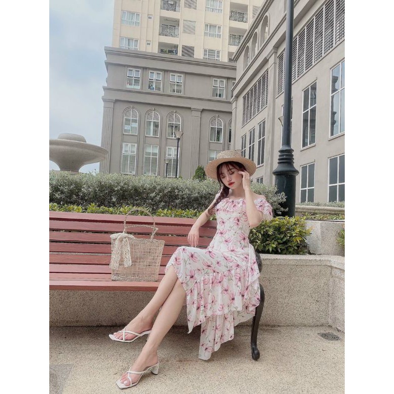 Đầm maxi hoa bẹt vai bèo tà đổ