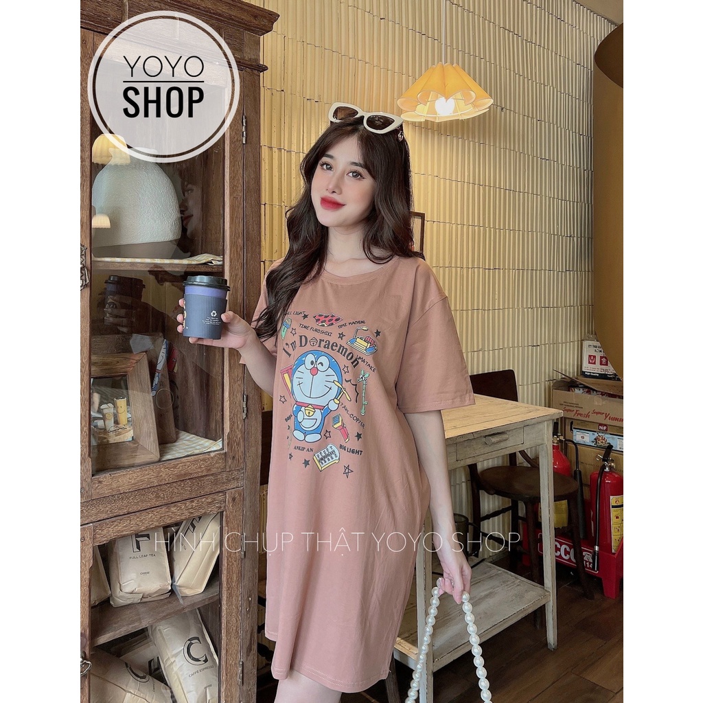 Áo đầm nữ thun thái phom rộng dáng dài dấu quần tay lỡ form dưới 70kg DORAEMOM MÀU NÂU