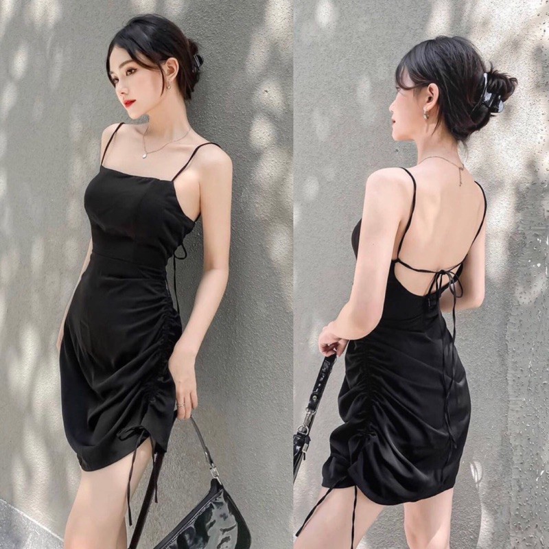 (Hình mẫu và sàn thật 100%)  ĐẦM ĐEN 2S ĐAN LƯNG RÚT HÔNG 😍