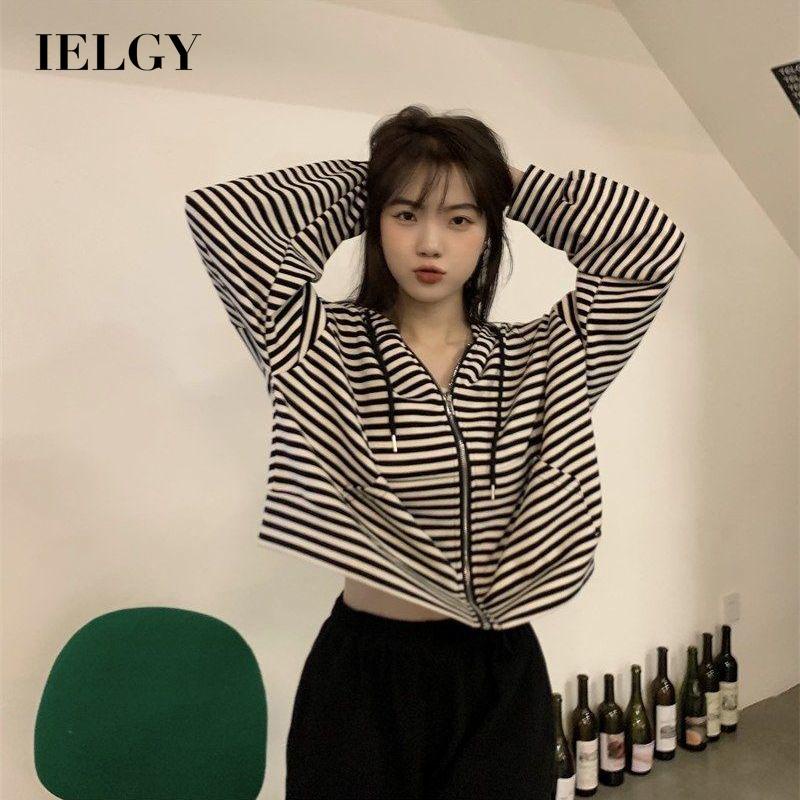 Áo khoác croptop IELGY dài tay có mũ họa tiết kẻ sọc ngang dáng rộng thời trang Hàn Quốc