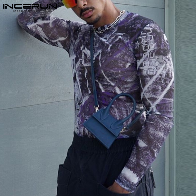 Áo kiểu INCERUN dành cho nam thiết kế tay dài cổ tròn co giãn vải lưới trong suốt mùa hè