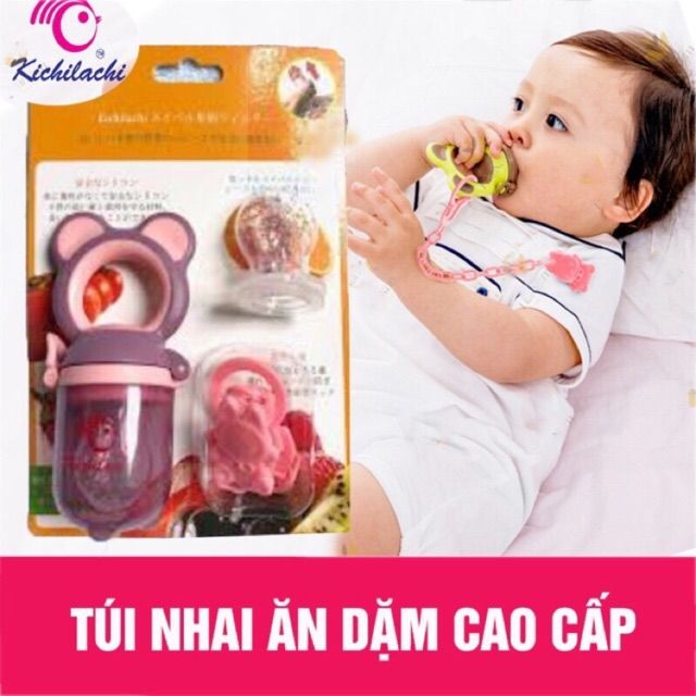 Túi nhai chống hóc - Tặng kèm 2 núm sơ cua và dây xích cho bé và thìa báo nóng