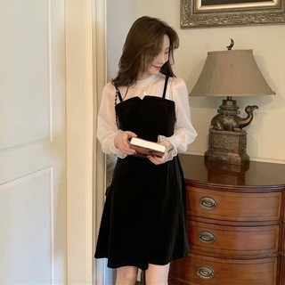 [Sẵn] thanh lý Yếm váy nhung liền tay bồng . Set Váy áo liền xoè đi tiệc