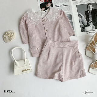 Váy set hồng tiêu: áo cổ bẻ viền ren tay cộc, sooc cùng màu