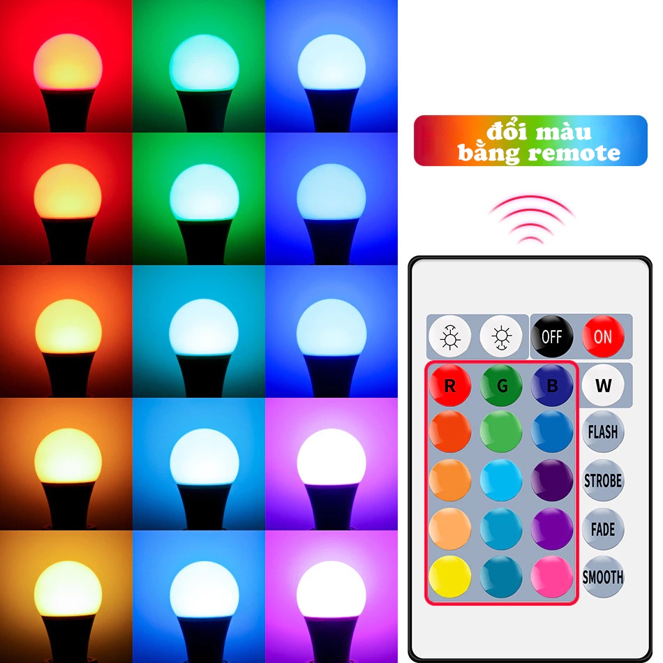 Đèn LED Búp đổi màu RGBW 18W có remote điều khiển, đèn màu quay video, chụp ảnh, trang trí phòng cực chill
