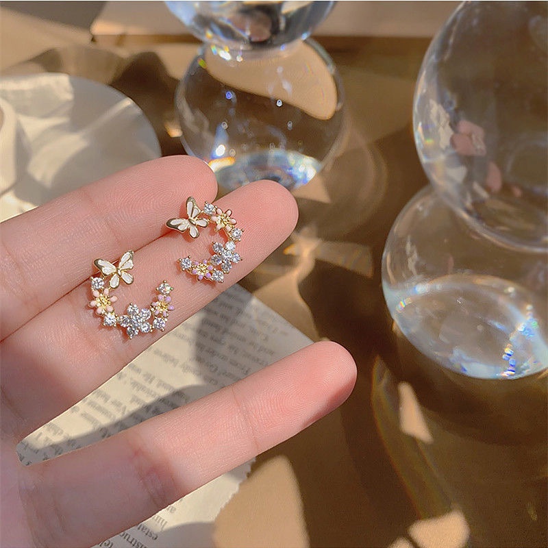 Khuyên Tai Hình Chữ C Đính Đá Zircon Phong Cách Hàn Quốc Cho Nữ