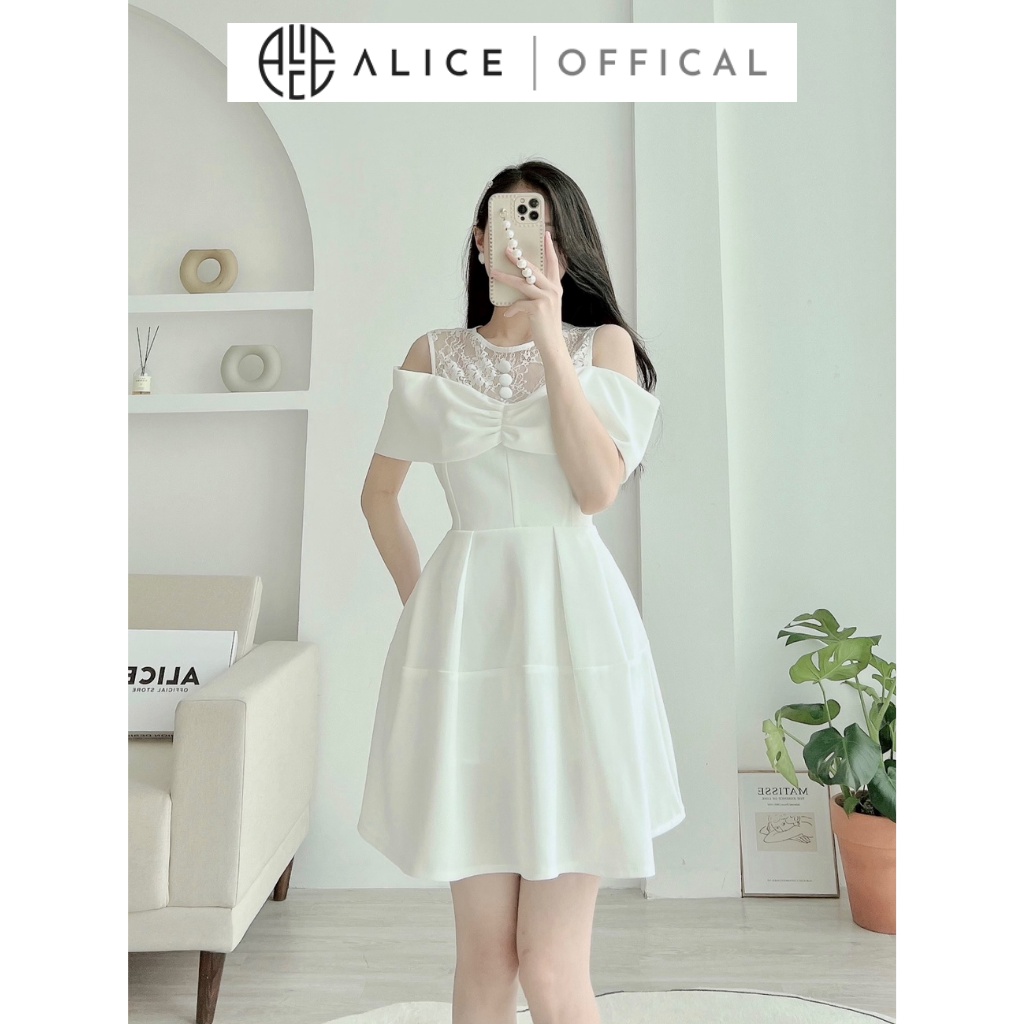 Váy Trắng Công Sở Dáng Xòe Cổ Ren ALICE Thiết Kế Ren Cổ Điệu Đà Thanh Lịch V834