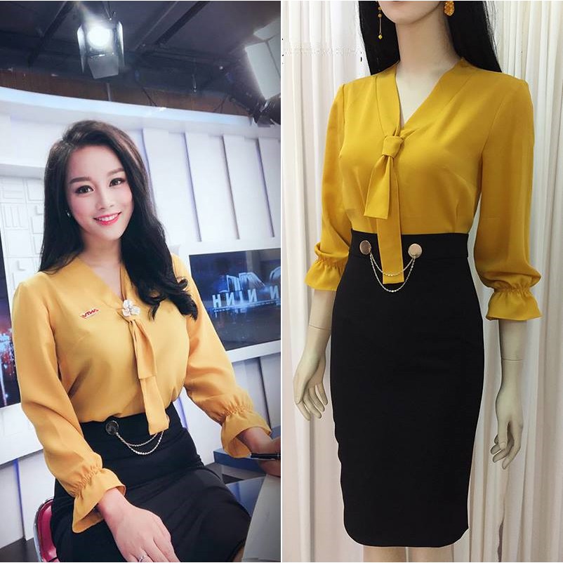Áo sơ mi nữ công sở tay lỡ bo thun, cổ cột nơ.