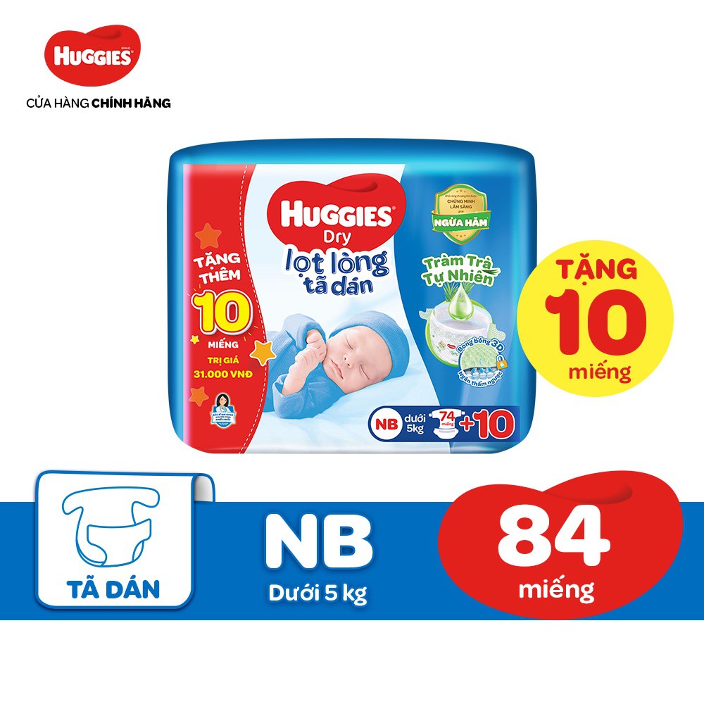 Tã dán sơ sinh Huggies Tràm Trà Tự Nhiên Dry NB74 + Tặng ngẫu nhiên 10 miếng hoặc 8 miếng