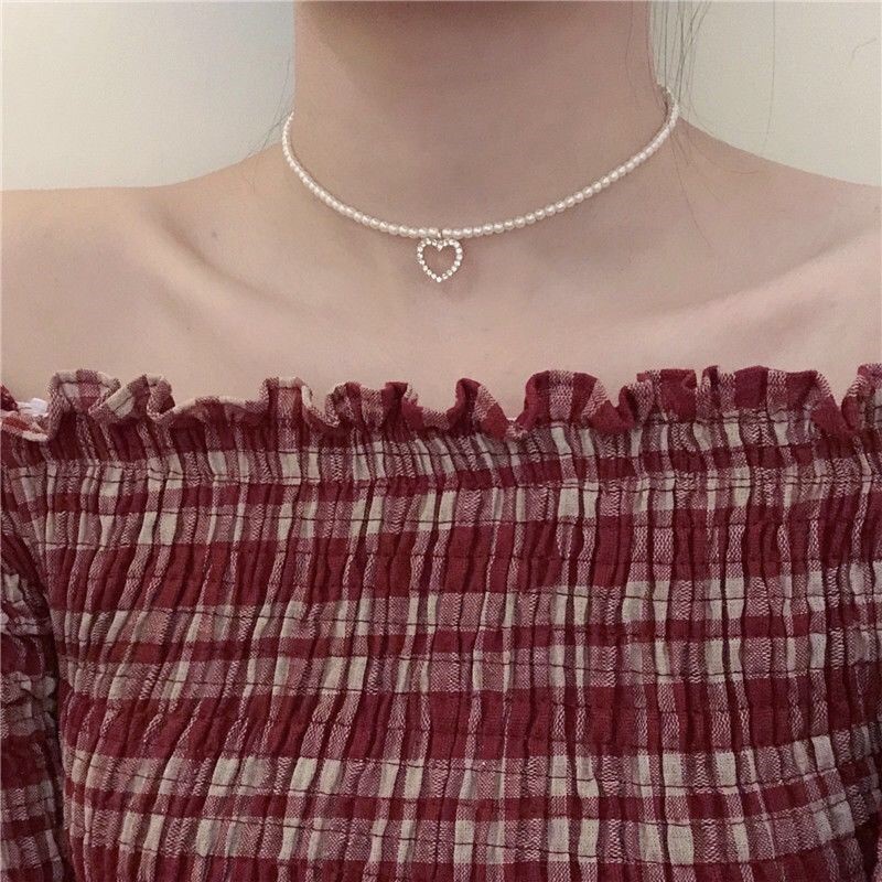 Vòng Cổ Choker Nữ Mặt Trái Tim Đính Hạt Ngọc Trai Phong Cách Cổ Điển