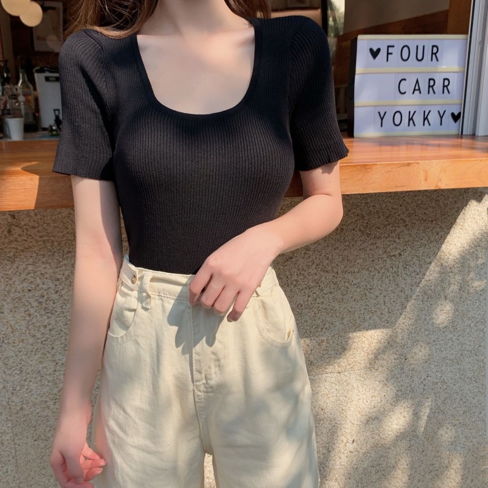 Áo Sweater Tay Ngắn Cổ Vuông Form Ôm Thời Trang Phương Tây