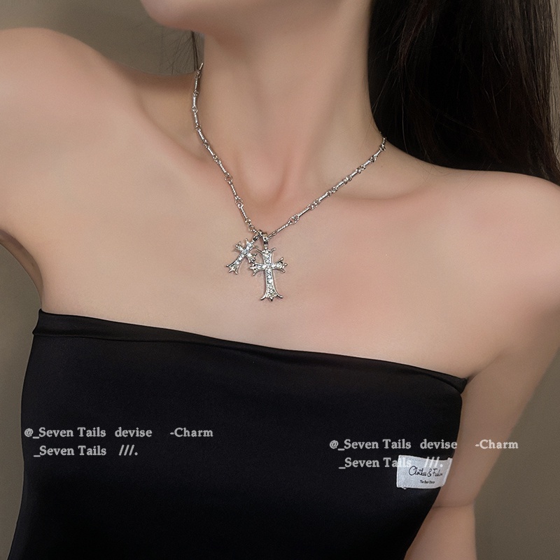 Vòng cổ Mạ Bạc Y2K Mặt Thánh Giá Đính Đá Pha Lê