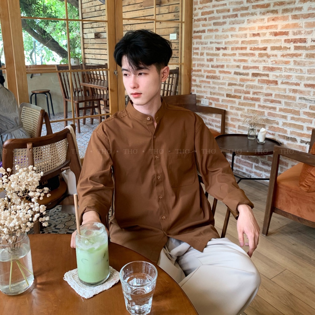 Áo sơ mi cổ tàu, cổ trụ, dáng suông, basic, màu nâu vintage