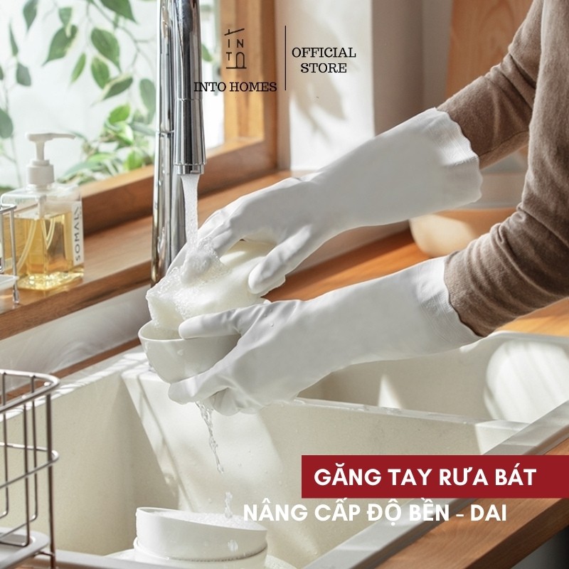 Găng Tay Rửa Chén IntoHomes - Loại Khử Khuẩn Chống Hôi Tay, Cách Nhiệt,Chất Liệu Nhựa PVC Mềm Mại Dai Chống Vật Sắc Nhọn