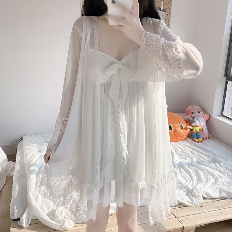 Váy ngủ voan công chúa hai dây phối ren nơ
