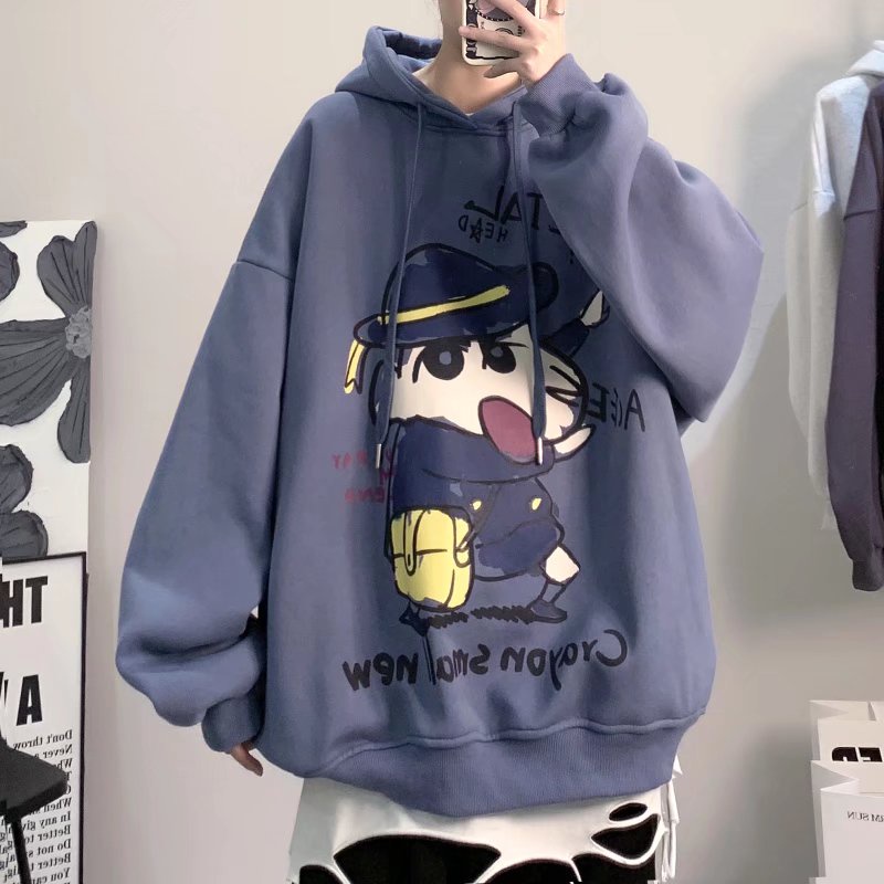 Áo khoác hoodie in hoạt hình Crayon Shin-chan dáng rộng phong cách thu đông cho nam kích thước lớn M-3Xl