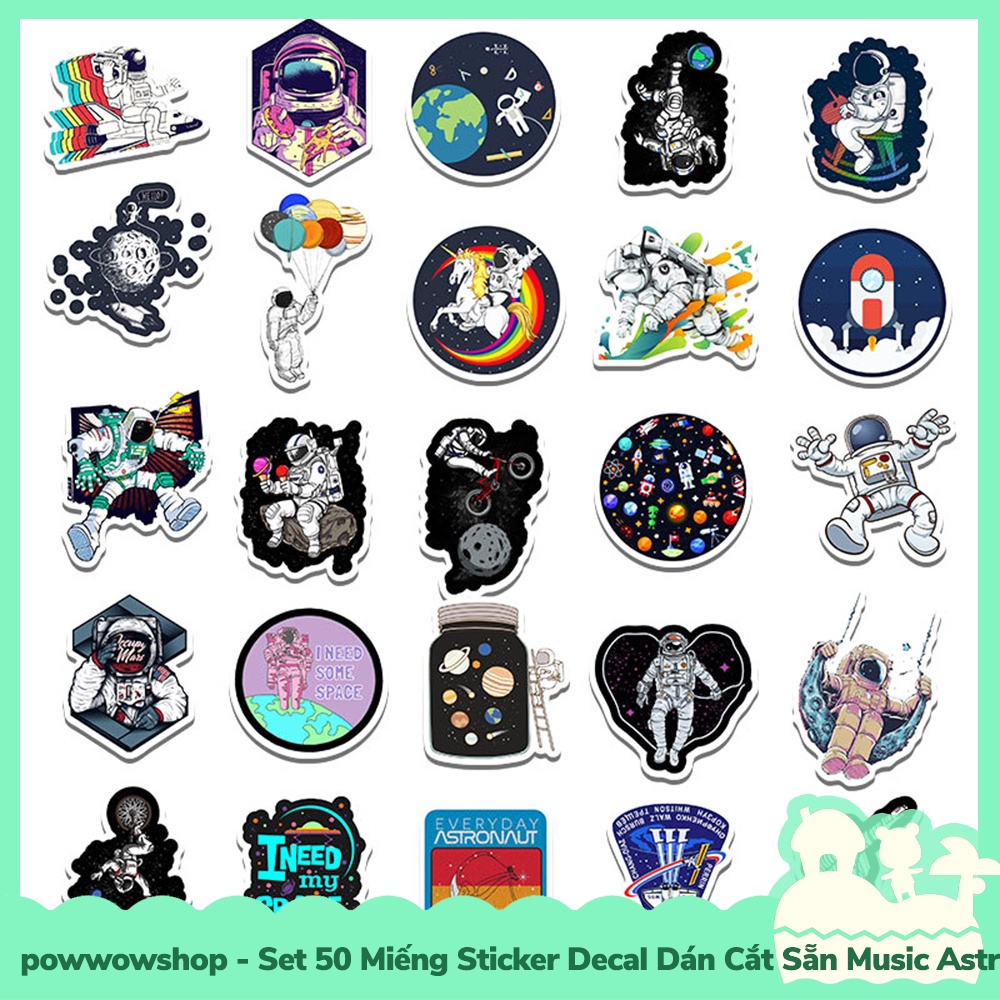 [Sẵn VN - Hỏa Tốc] Set 50 Miếng Sticker Decal Cắt Sẵn DIY Dán Trang Trí Vật Dụng Mẫu Music Astronaut Into Space