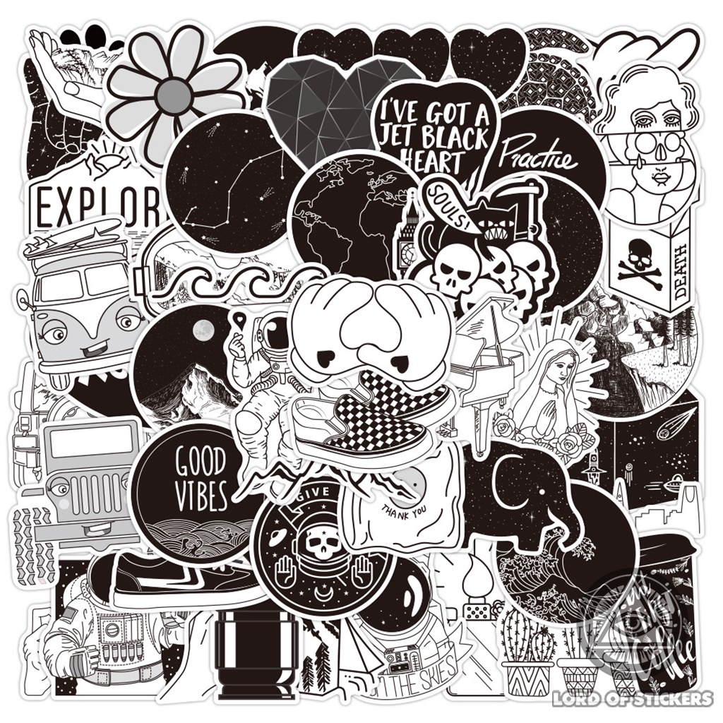 Set 50 Nhãn Dán Sticker Họa Tiết Đen Trắng Cute Phong Cách Hoạt Hình Chống Thấm Nước Dán Mũ Bảo Hiểm, Laptop, Vali, Sổ
