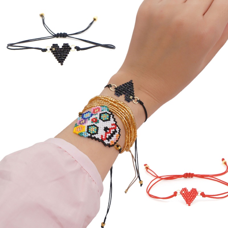 Vòng Tay Dây Bện Phối Hạt Hình Trái Tim Handmade Có Thể Điều Chỉnh Cho Cặp Đôi