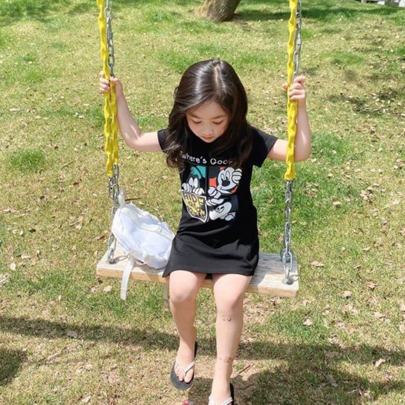 Đầm Thun Dài Tay Ngắn Phong Cách Hàn Quốc Cho Bé Gái