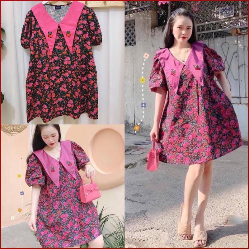 Đầm Suông Dáng Rộng COBI Đầm hoa suông rộng phối cổ vạt nhọn thêu trái cherry tay phồng Bầu Bì Bon Chen Dưới 65kg | BigBuy360 - bigbuy360.vn