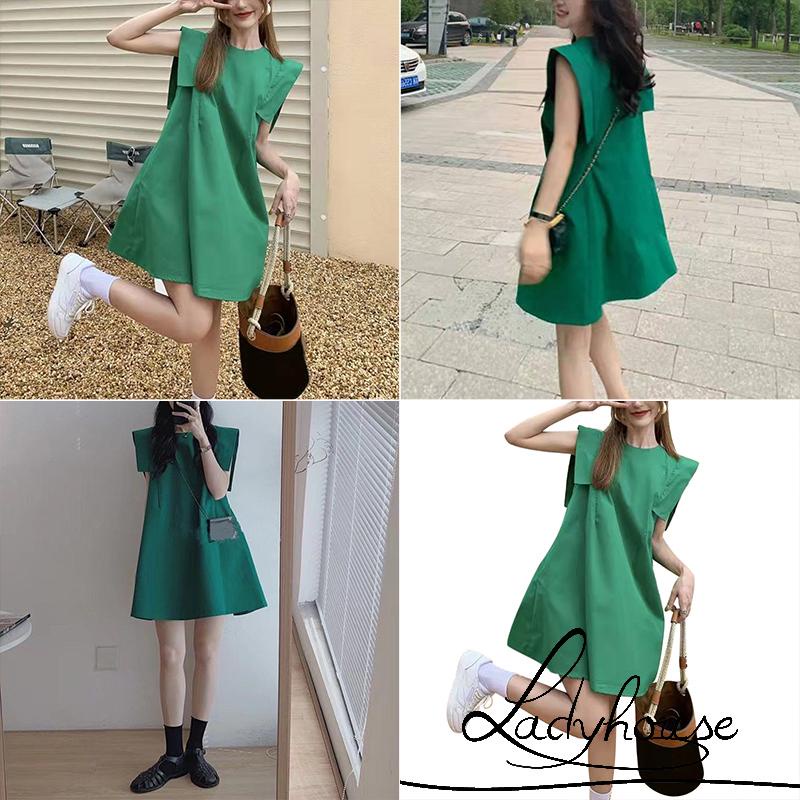 Đầm sát nách cổ tròn dáng rộng màu trơn thời trang xuân hè cho nữ