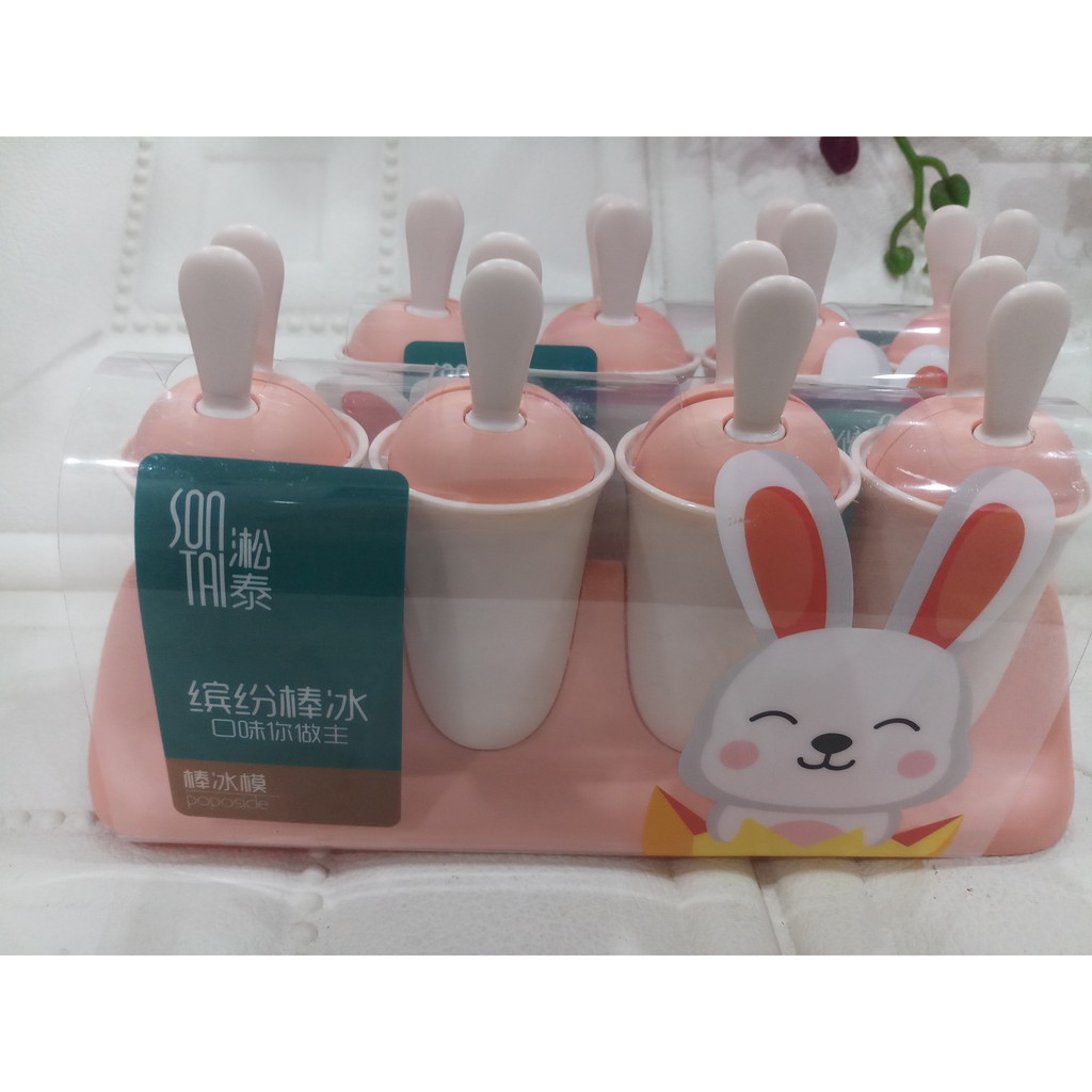 Sét khuôn 4 hộp (8 ngăn) làm kem - khuôn làm kem que, kem tươi bằng nhựa cao cấp hình tai thỏ cực kỳ dễ thương