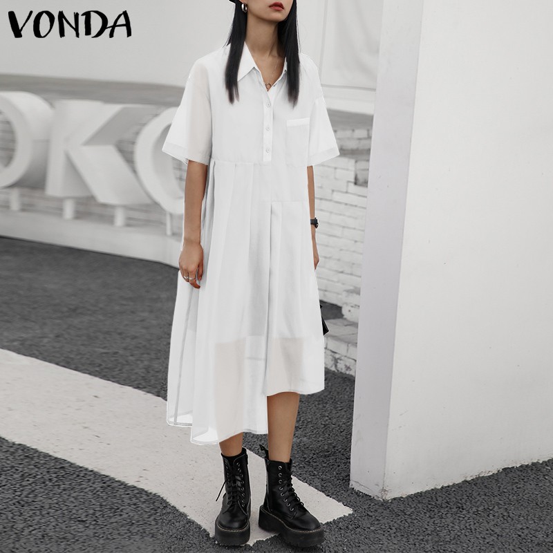 VONDA Women Two Piece Turn Down Collar Short Sleeve Button Dress | BigBuy360 - bigbuy360.vn