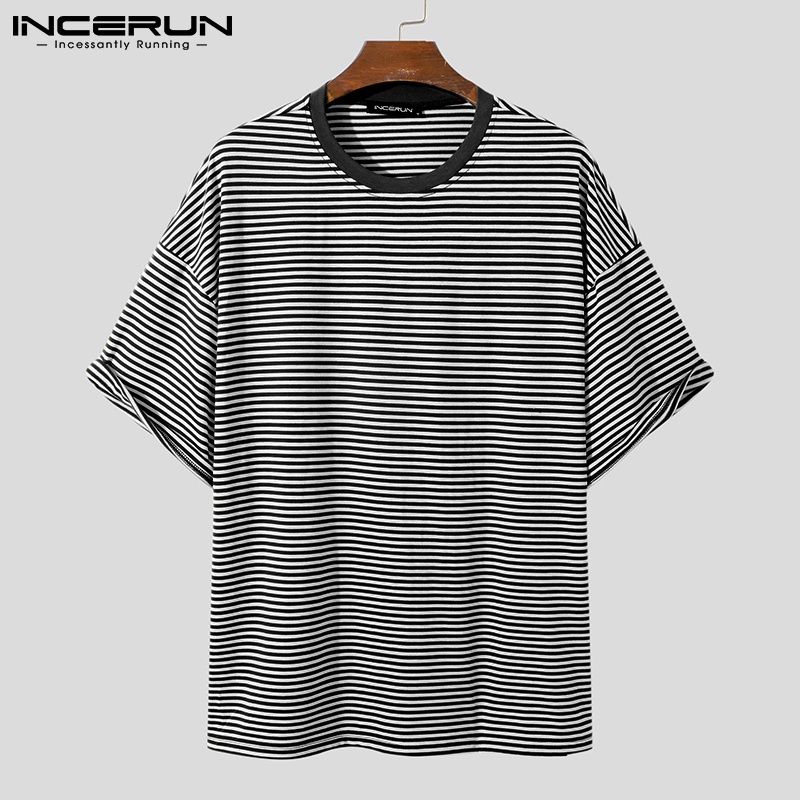 Áo thun Incerun tay lửng dáng rộng họa tiết kẻ sọc trẻ trung thời trang cho nam