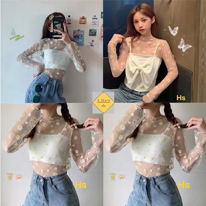Áo Von Hoa Cúc Dài Tay Unisex - Áo Mặc Ngoài Croptop Dáng Ôm Không Kèm Áo Bra Có Ảnh Thật Tự Chụp + Đánh Giá X.Store
