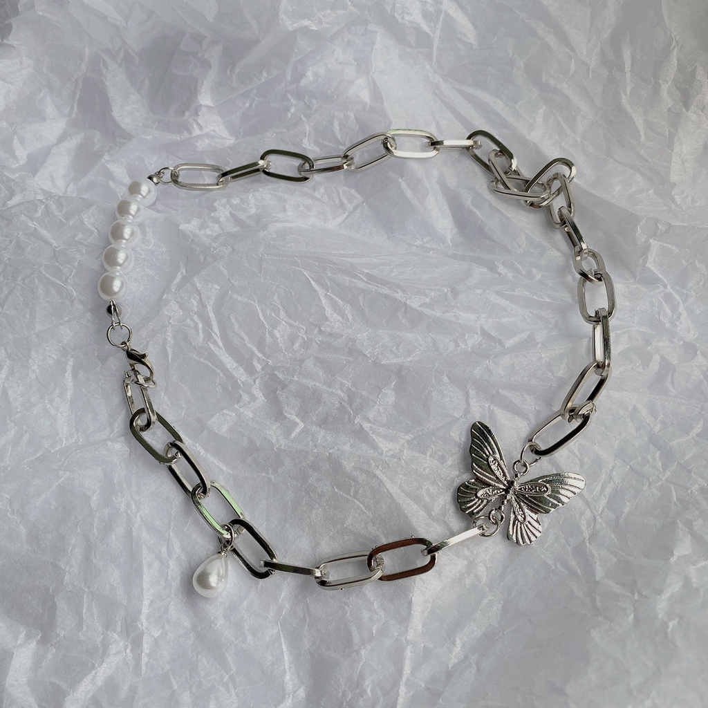 Vòng cổ 22658 dạng dây xích nối dày mặt hình bướm bằng kim loại đính ngọc trai thời trang cá tính dành cho nữ