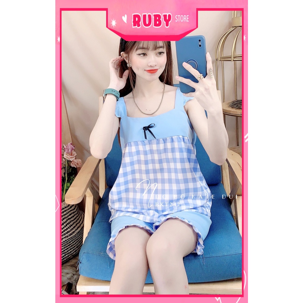 Đồ bộ kate đùi cho nữ mặc nhà vải mềm mát in họa tiết caro nhí dễ thương BKT242