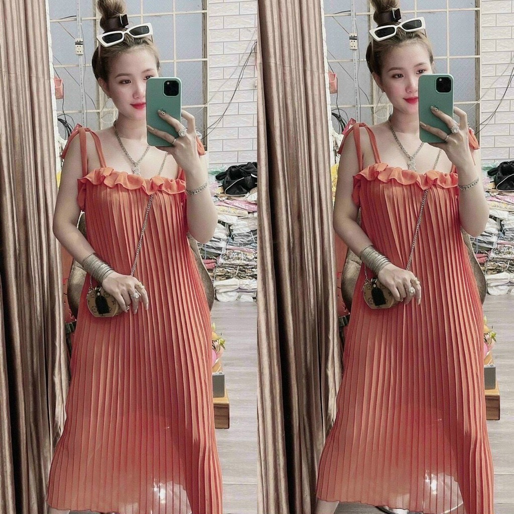 Đầm Suông 2 Dây Dập Ly Phối Bèo, Váy Đầm Hai Dây Cột Nơ Phối Bèo Nhiều Màu Zenna