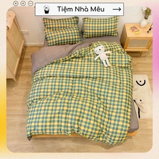 ( ẢNH THẬT )Bộ Chăn Ga Gối Cotton 3D✨m6/m8/2m-Tiệm Nhà Mêu✨Set 4 Món 2 Vỏ gối,drap,vỏ chăn Cotton 80% caro xanh vàng