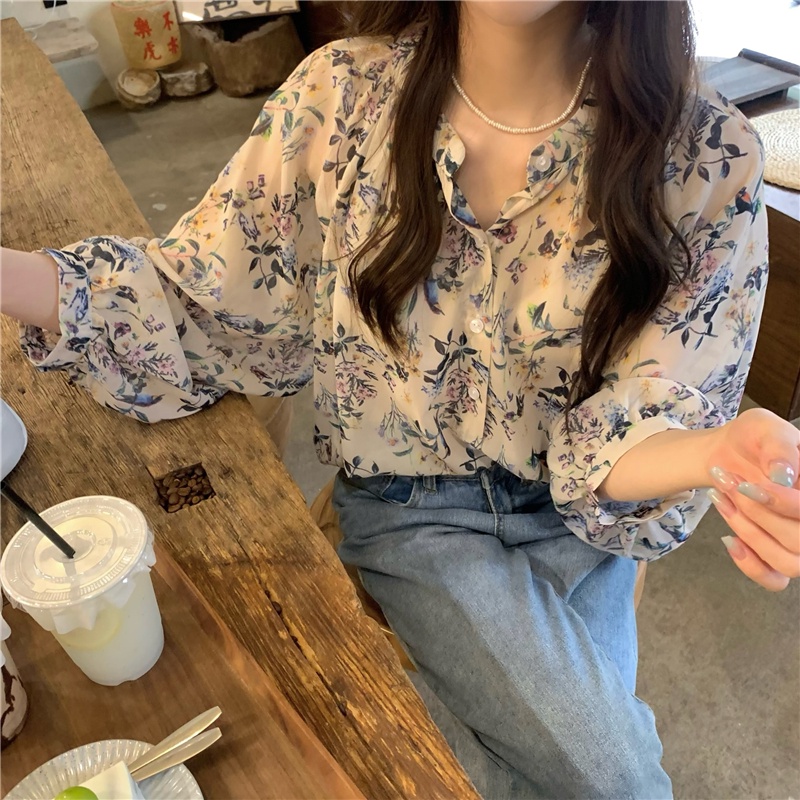 Áo Sơ Mi Chiffon Cổ Tròn Dài Tay Dáng Rộng In Hoa Thời Trang Sành Điệu 54584