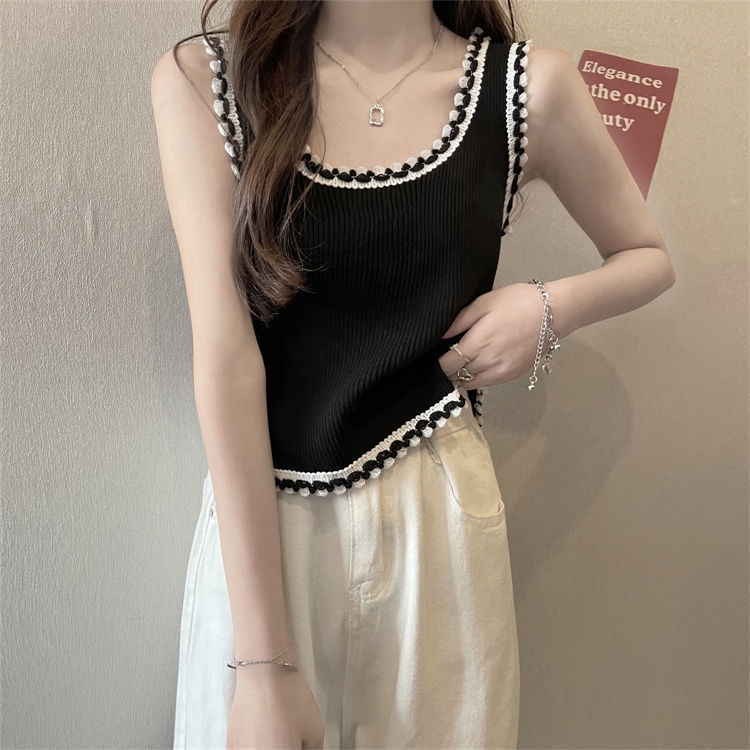 Áo IELGY dệt kim sát nách dáng rộng cổ chữ u màu tương phản thời trang cho nữ