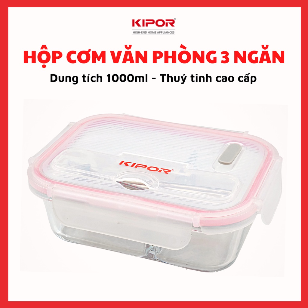 Hộp cơm văn phòng 3 ngăn KIPOR KP-G155 - Thuỷ tinh cao cấp, dùng được trong lò vi sóng - Kèm đũa thìa inox tiện lợi - Hà