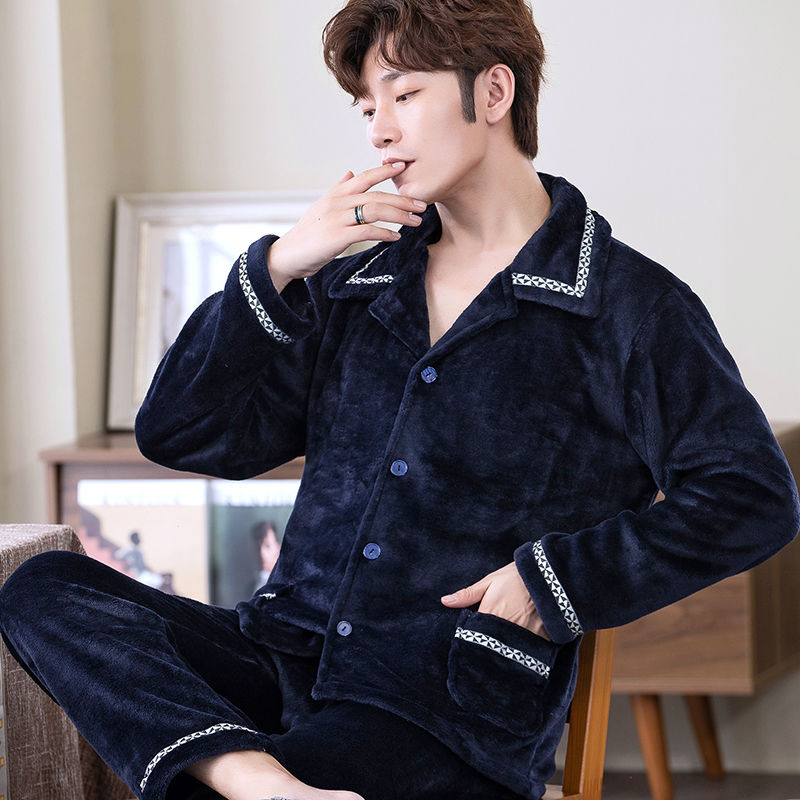 Men's Winter Pajamas Thick Coral Home Wear Long Sleeve Flannel Casual Warm Autumn And Winter Can Be Wearing Outside Suit | BigBuy360 - bigbuy360.vn