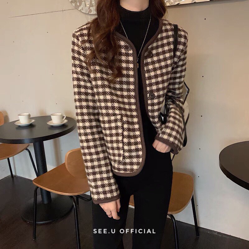 Áo Dạ Tweed Kẻ Caro Dáng Ngắn Cá Tính Cho Nữ - See.U Official