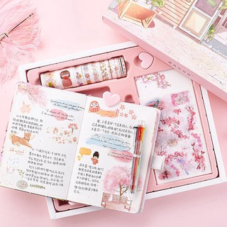 Sổ tay nhật ký màu hồng hoa anh đào A5, combo hộp quà tặng học sinh Angoonote