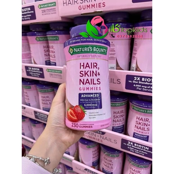 Kẹo dẻo Hair, Skin and Nails Gummies 230 viên của Mỹ, mẫu mới