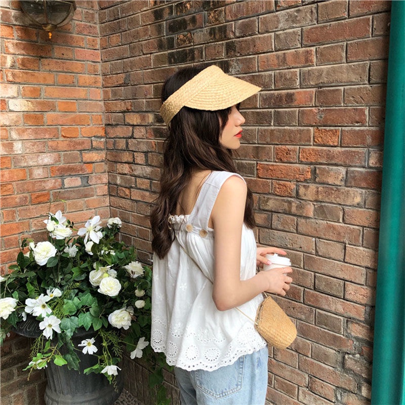 IELGY    Áo Hai Dây Mỏng Cổ Vuông Thêu Họa Tiết Thời Trang Cho Nữ